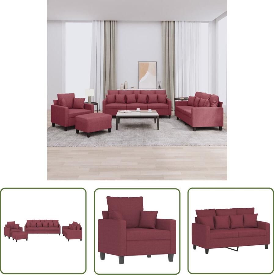 The Living Store Loungeset Bordeaux Rood 2-zits 3-zits Fauteuil Voetenbank Stof Metaal Textileen Comfortabel en Duurzaam