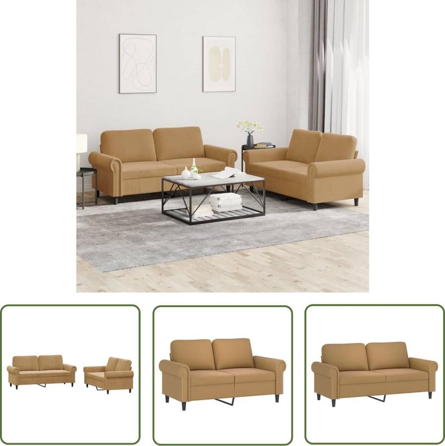The Living Store 2-delige Loungeset met kussens fluweel bruin Bruine Bankstel Loungeset Velvet Bank Luxe Bank 2 Persoons Bank