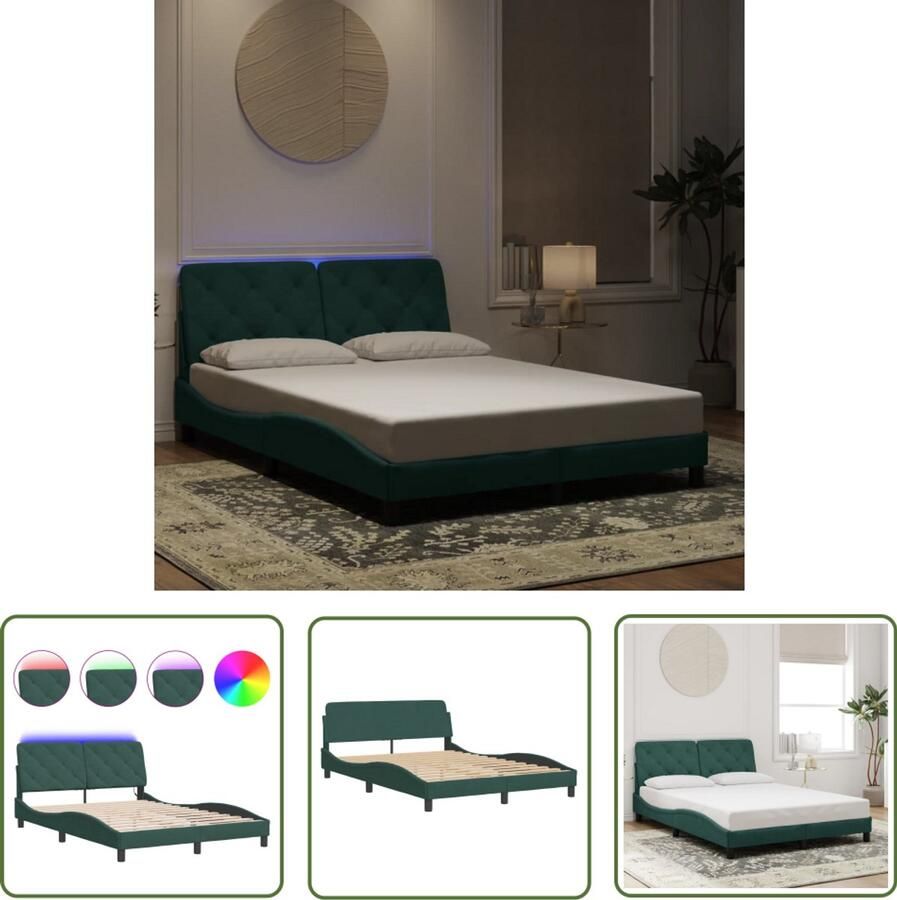 VidaXL Bedframe met LED zonder matras fluweel donkergroen 140x200 cm Comfortabel Bed Frame Luxe Bed Fluweel Bed Led Bed Dark Green Bed