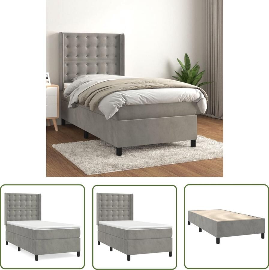The Living Store Boxspringbed Luxe fluwelen bedframe Pocketvering matras Huidvriendelijk topmatras Lichtgrijs 203 x 93 x 118 128 cm Boxspringbed Luxe Bed Frame Fluweel Pocketed Veren Matras Hoofdbord