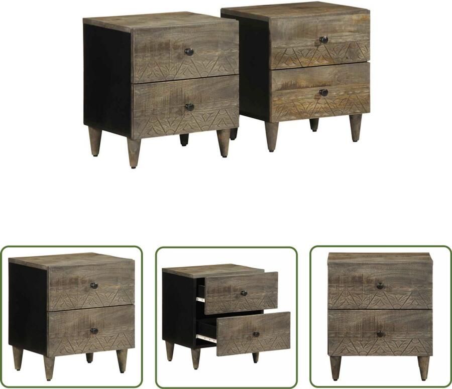 The Living Store Nachtkastjes 2 st 40x33x46 cm massief mangohout lichtgrijs Nachtkastjes Mango Hout Kastjes Slaapkamer Decoratie Opbergoplossing