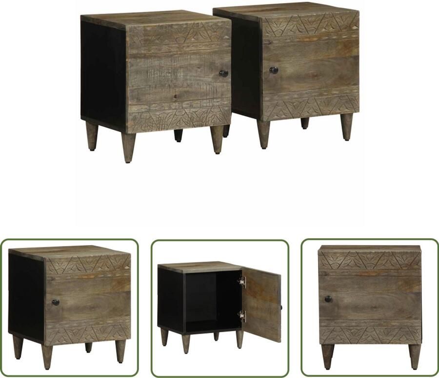 The Living Store Nachtkastjes 2 st 40x33x46 cm massief mangohout lichtgrijs Nachtkastjes Mango Hout Slaapkamer Opbergruimte Vintage - Foto 2