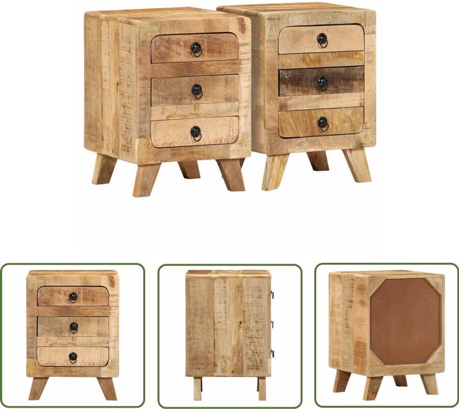 The Living Store Nachtkastje 2 st 37x32x50 cm massief hout ruw mangohout Nachtkastje Mango Wood Kamermeubilair Slaapkamers Woonaccessoires