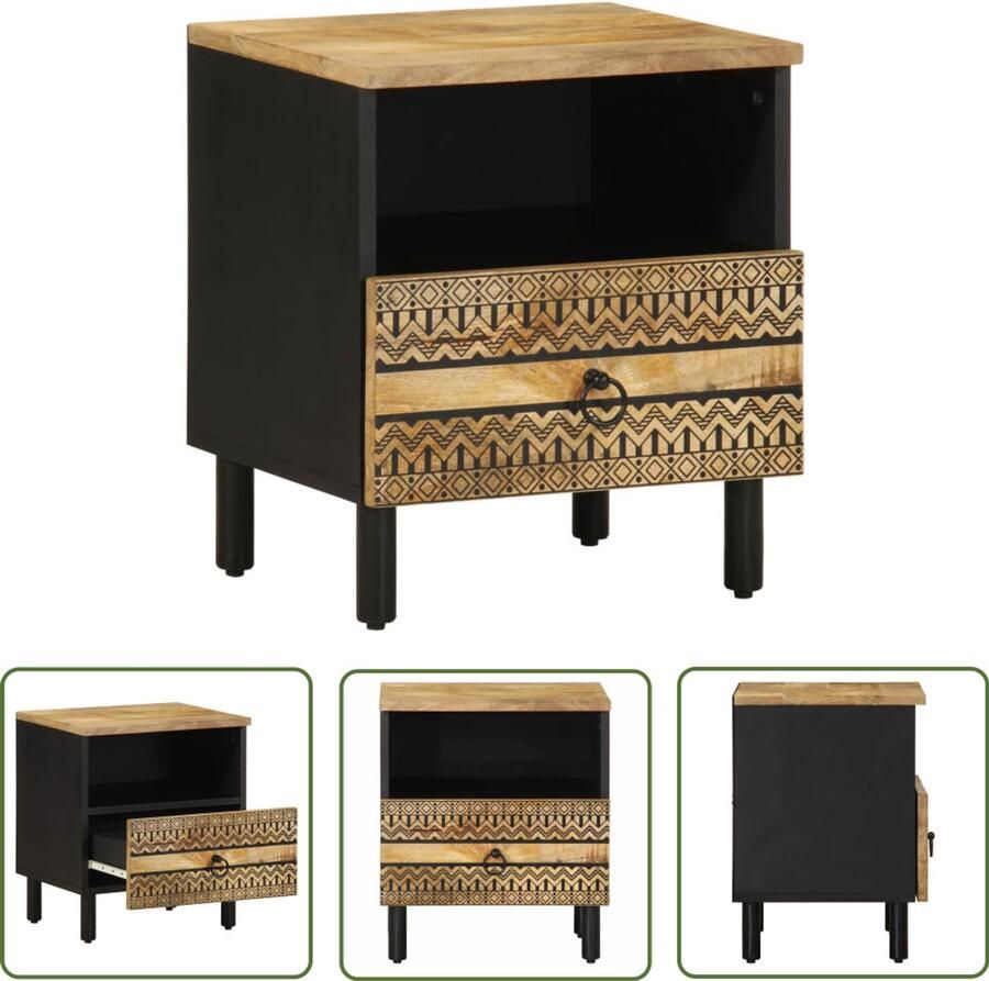 The Living Store Nachtkastje 40x33x46 cm massief ruw mangohout zwart Nachtkastje Mango Wood Industrieel Woonkamer Slaapkamer