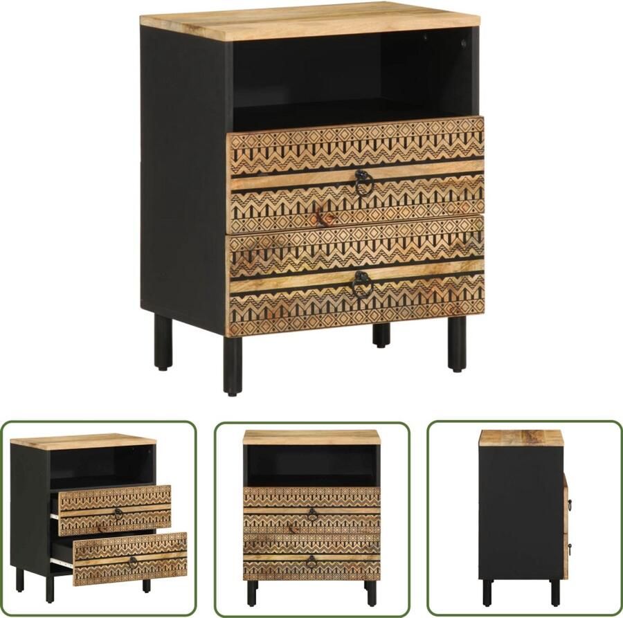 The Living Store Nachtkastje 50x33x62 cm massief ruw mangohout zwart Nachtkastje Mango Wood Industrieel Design Zwarte Kleur Opbergkast