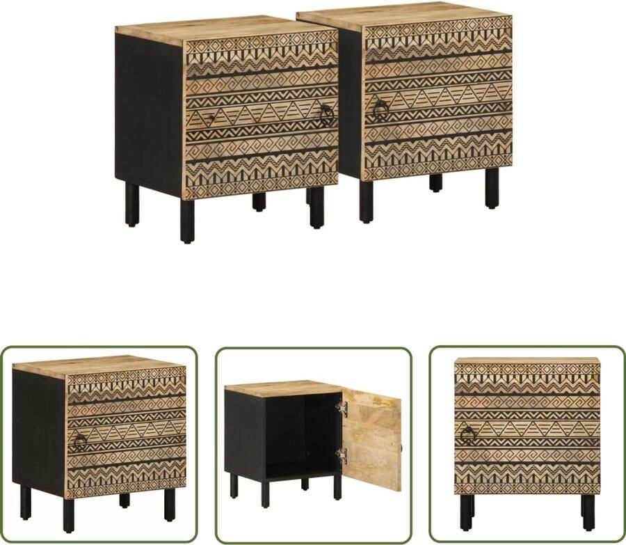 The Living Store Nachtkastjes 2 st 40x33 5x46 cm massief ruw mangohout zwart Nachtkastjes Mango Wood Houten Nachtstand Black Furniture Bedroom Storage