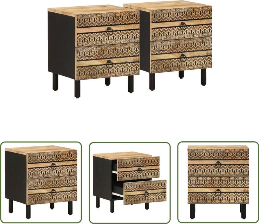 The Living Store Nachtkastjes 2 st 40x33 5x46 cm massief ruw mangohout zwart Nachtkastjes Mango Wood Zwarte Nachtkastjes Salontafel Kamermeubilair
