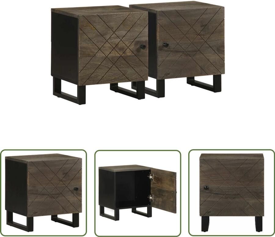The Living Store Nachtkastjes 2 st 40x33x46 cm massief mangohout zwart Nachtkastjes Mango Wood Houten Kasten Slaapkamervloer Nachtlamp