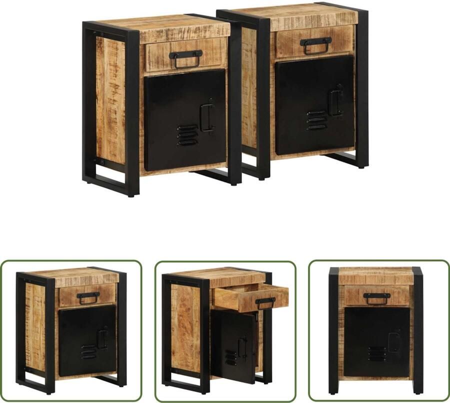 The Living Store Nachtkastjes 2 st massief ruw mangohout Nachtkastjes Mango Wood Industrieel Design Slaapkamermeubilair Opbergruimte