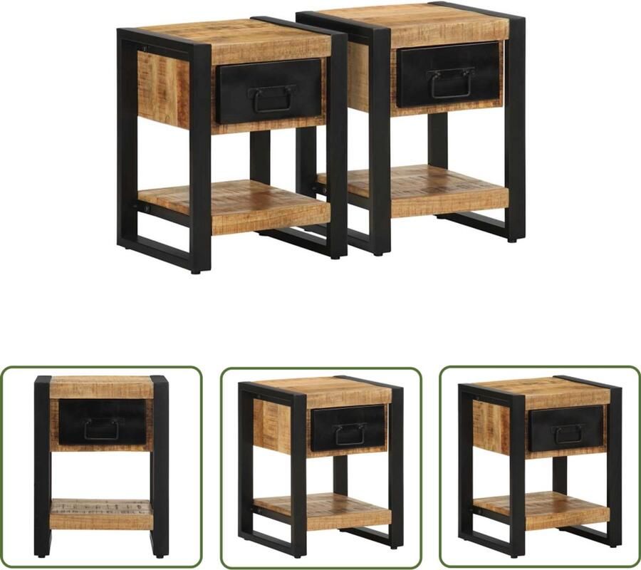 The Living Store Nachtkastjes 2 st massief ruw mangohout Nachtkastjes Mango Wood Industrieel Vintage Slaapkamer