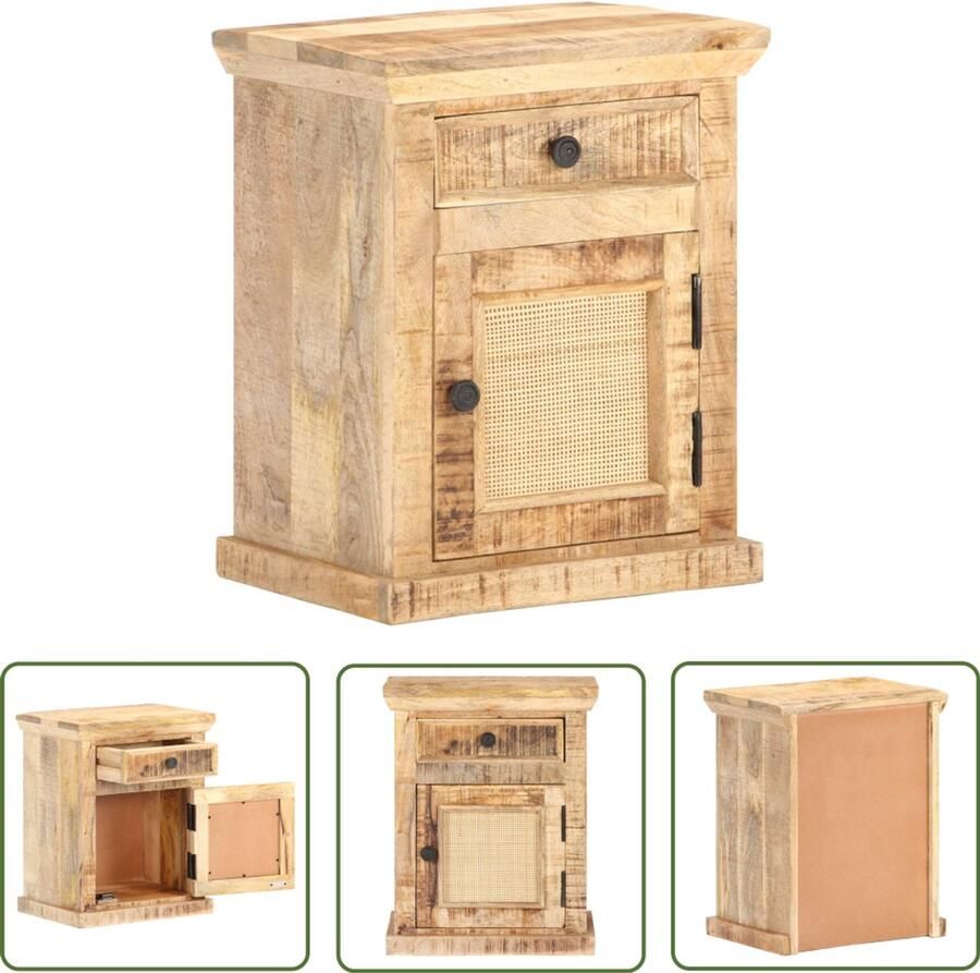 The Living Store Nachtkastje 40x30x50 cm massief mangohout en natuurlijk riet Nachtaandkaste Mangohout Meubel Landelijke Stijl Rustic Furniture Kamermeubel