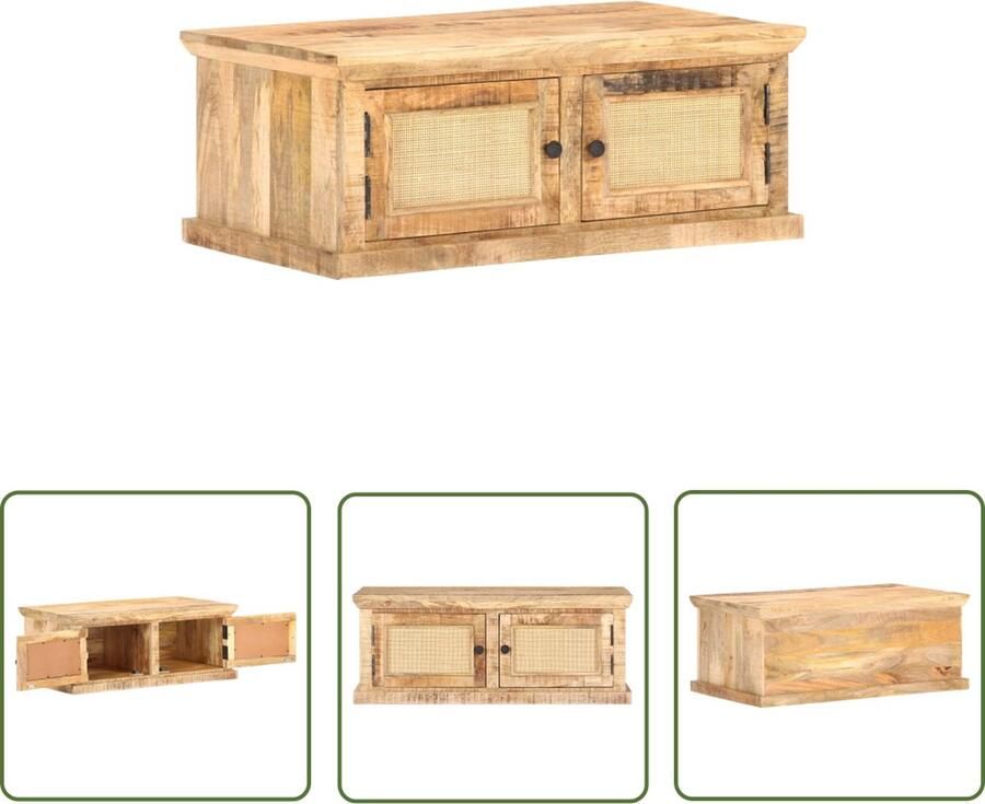 The Living Store Salontafel 90x50x35 cm massief mangohout en natuurlijk riet Salontafel Mangohout Rustic Landelijke Stijl Bijzettafel - Foto 2