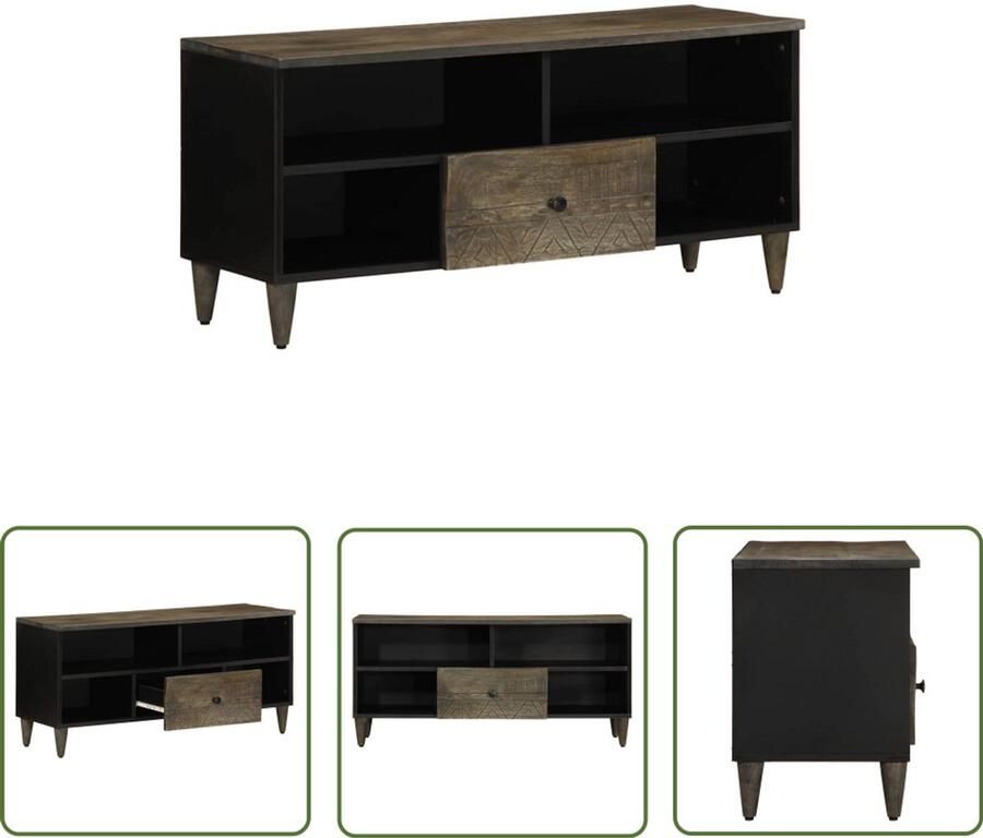 The Living Store Tv-meubel 100x33x46 cm massief mangohout zwart Tv-meubel Mangohout Tv Kast Salontafel Opbergruimte