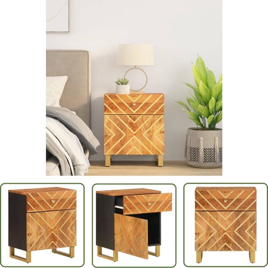 The Living Store Nachtkastje Massief Mangohout Bruin Zwart 50 x 33 x 60 cm Veilig te bevestigen Nachtkastje Mangohouten Kast Slaapkamerserie Vintage Industrie Houten Kast