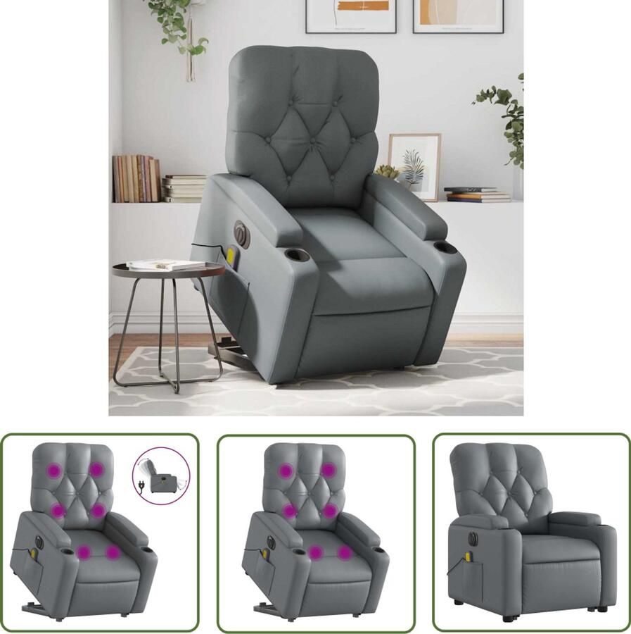 The Living Store Sta-op-massagestoel elektrisch kunstleer grijs Elektrische Massagestoel Sta-opstoel Massagerugsteun Ergonomische Stoel Lounge Stoel