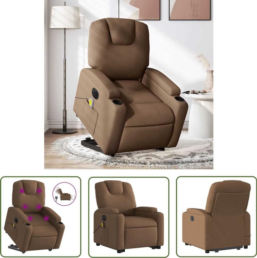 VidaXL Massagerstoel Sta-op Massagestoel Sta-op-massagestoel elektrisch verstelbaar stof bruin Ergonomische Stoel Elektrische Stoel Relaxfauteuil