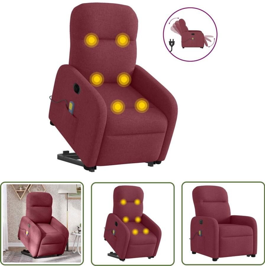VidaXL Massagerstoel Sta-op Massagestoel Sta-op-massagestoel elektrisch verstelbaar stof wijnrood Elektrische Stoel Ergonomische Stoel Luxe Stoel