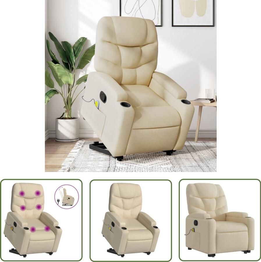 VidaXL Massagerstoel Sta-op Massagestoel Sta-op-massagestoel verstelbaar stof crèmekleurig Relaxfauteuil Ergonomische Stoel Elektrisch Bedienbare Stoel