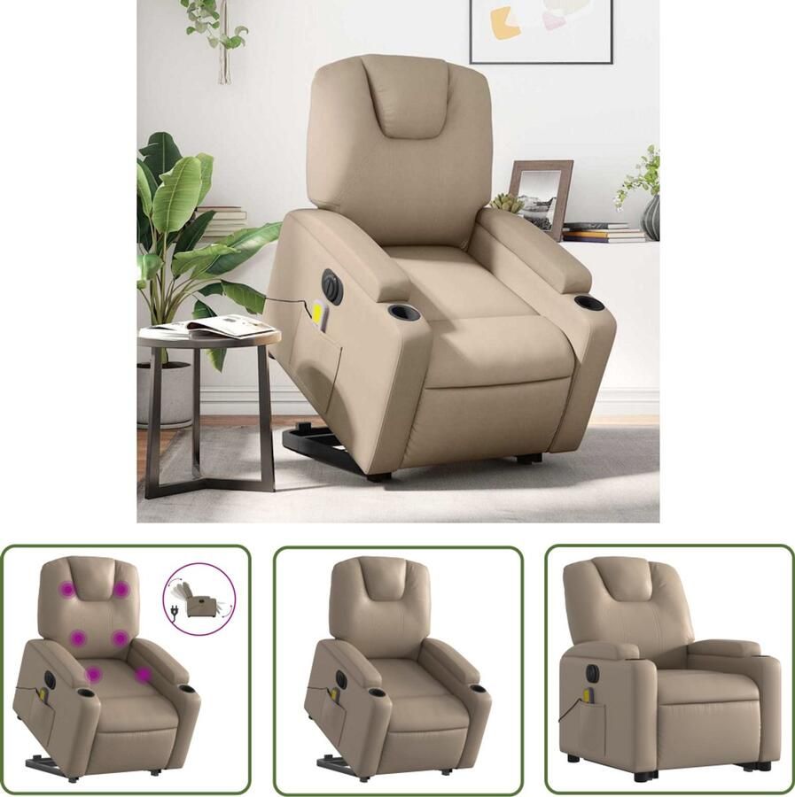 VidaXL Massagerstoel Sta-op-stoel Sta-op-massagestoel elektrisch kunstleer cappuccinokleurig Loungestoel Kapstok Fauteuil