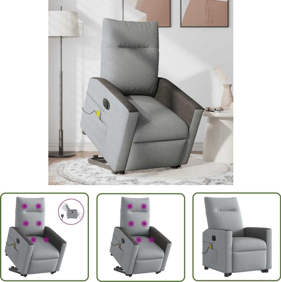 VidaXL Massagerstoel Sta-op-stoel Sta-op-massagestoel elektrisch verstelbaar stof lichtgrijs Ergonomische Stoel Elektrische Stoel Medische Stoel
