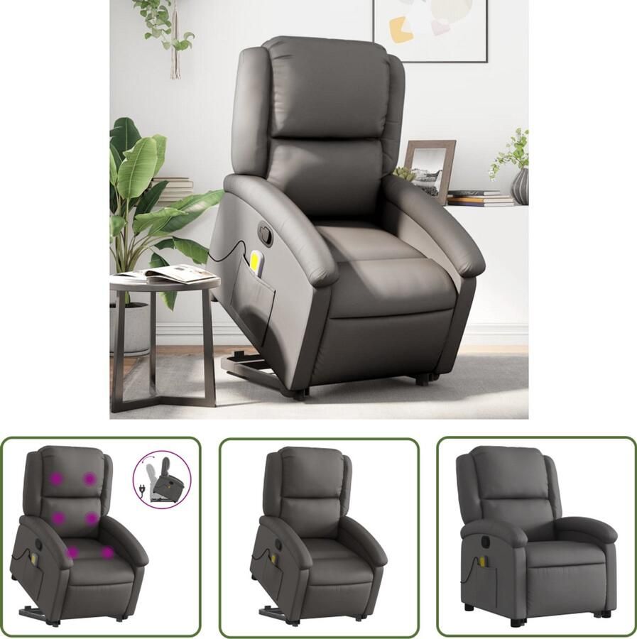 The Living Store Sta-op-massagestoel verstelbaar echt leer grijs Sta-op Massasstoel Fauteuil Elektrisch Verstelbaar Ergonomische Stoel Lederen Stoel Massage Stoel