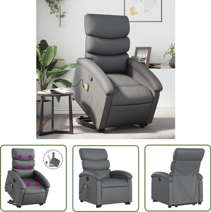 The Living Store Sta-op-massagestoel verstelbaar kunstleer grijs Sta-opstoel Massageruimtelijke Meubels Fauteuil Elektrisch Bedienbaar Massage