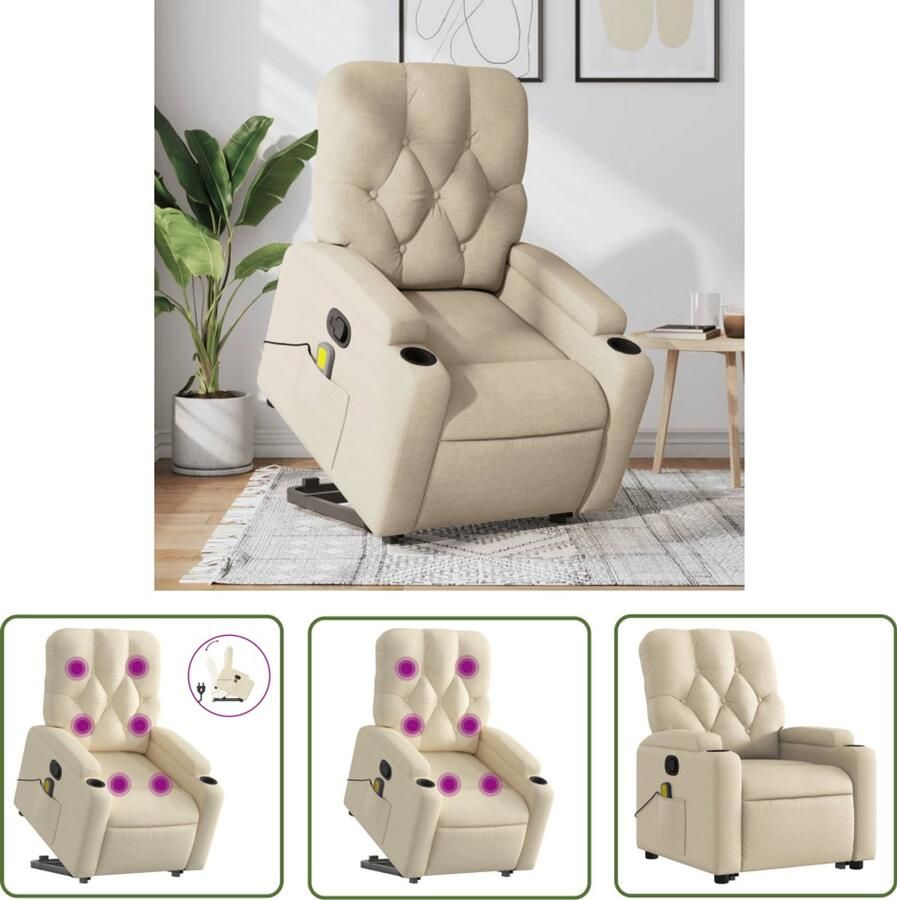 The Living Store Sta-op-massagestoel verstelbaar stof crèmekleurig Verstelbare Stoel Massagerstoel Sta-op Stoel Ergonomische Stoel Lounge Stoel