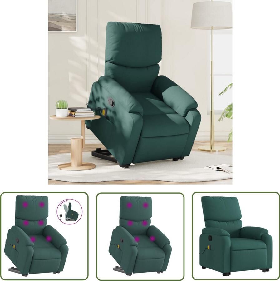 The Living Store Sta-op-massagestoel verstelbaar stof donkergroen Verstelbare Stoel Massagerstoel Sta Op Stoel Elektrisch Bedienbare Stoel Massagefauteuil