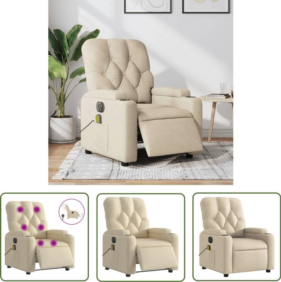 The Living Store Massagestoel elektrisch verstelbaar stof crèmekleurig Elektrische Massagestoel Massagefauteuil Comfortstoelen Relaxstoel Ergonomische Stoel