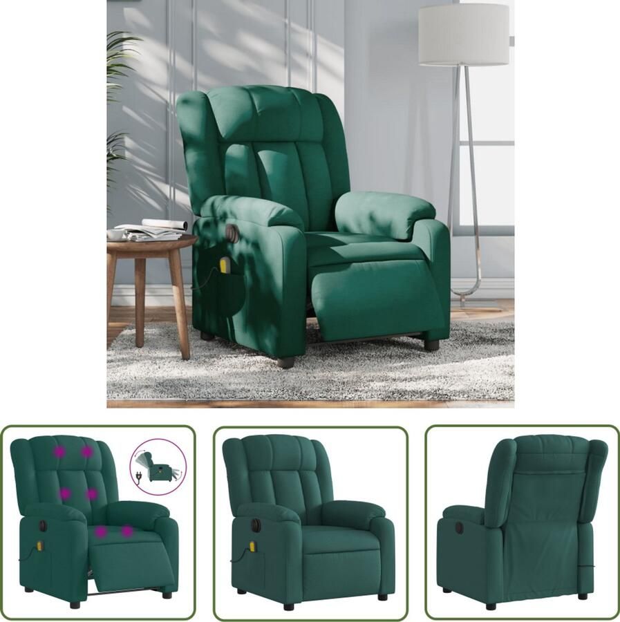 The Living Store Massagestoel elektrisch verstelbaar stof donkergroen Elektrische Massagestoel Massagerugkussen Relaxstoel Ergonomische Stoel Lounge Stoel