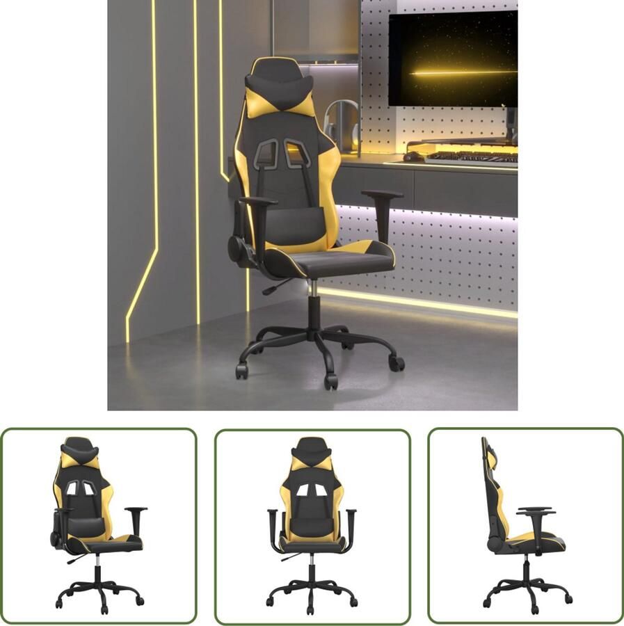 The Living Store Massage gamestoel kunstleer zwart en goudkleurig Gamingstoel Massagestoel Gamingaccessoires Computerstoelen Kantoorstoelen