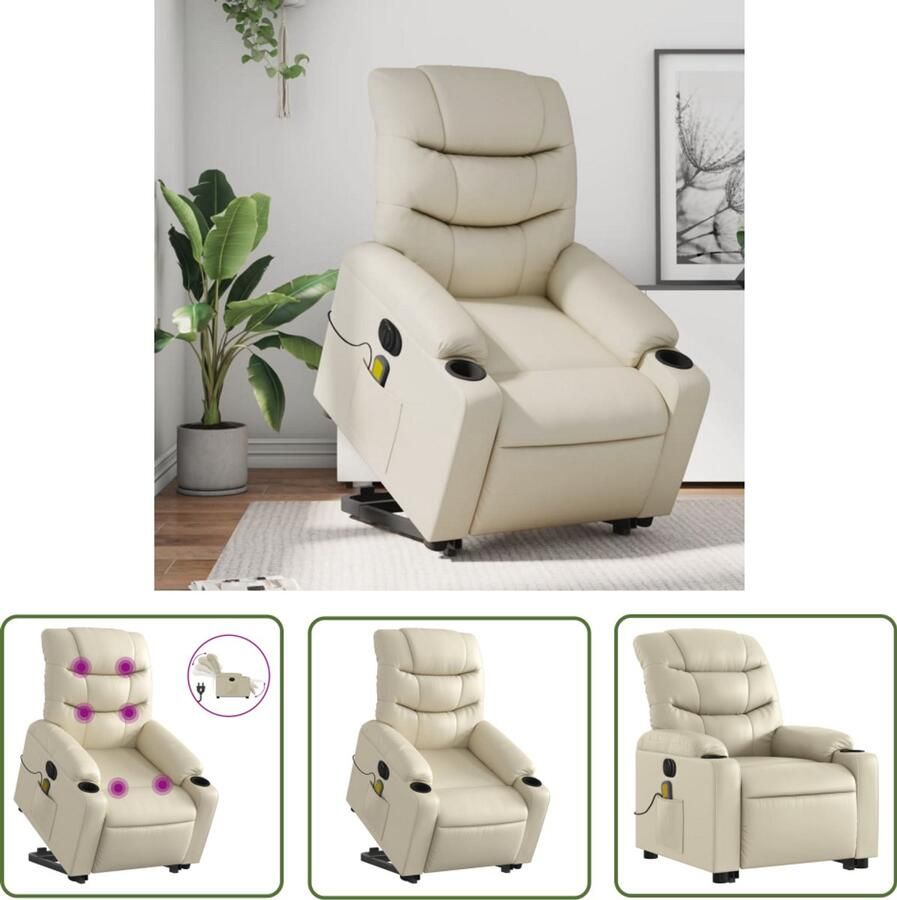 The Living Store Sta-op-massagestoel elektrisch kunstleer crèmekleurig Elektrische Massagestoel Sta-opstoel Massagerugsteun Ergonomische Stoel Lounge Stoel