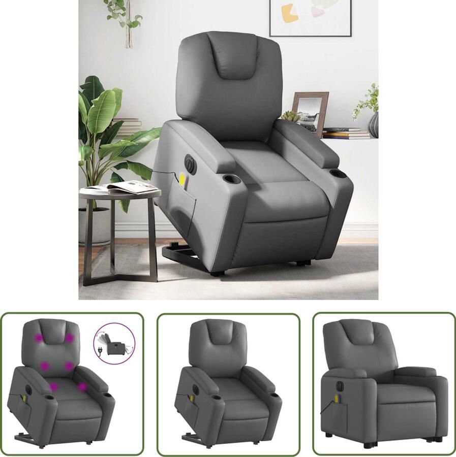 The Living Store Sta-op-massagestoel elektrisch kunstleer grijs Elektrische Massagestoel Sta-opstoel Ergonomische Stoel Lounge Stoel Voetenbank