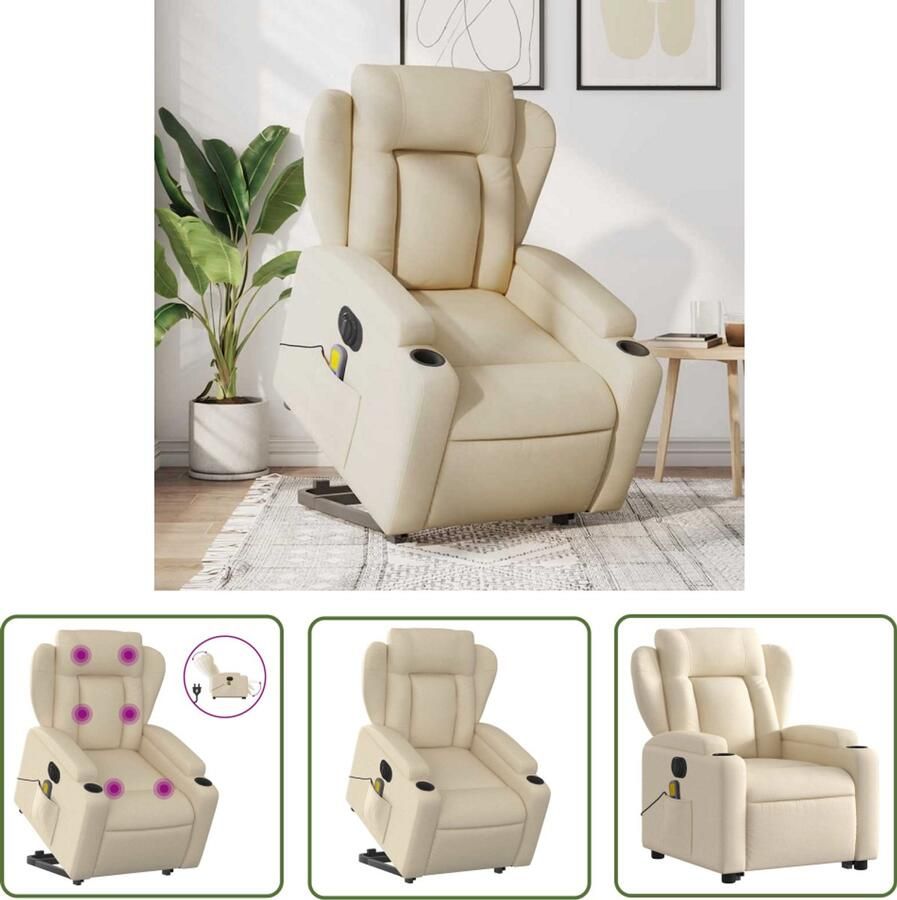 The Living Store Sta-op-massagestoel elektrisch verstelbaar stof crèmekleurig Elektrische Massagestoel Sta-opstoel Massagerugsteun Ergonomische Stoel Relaxfauteuil