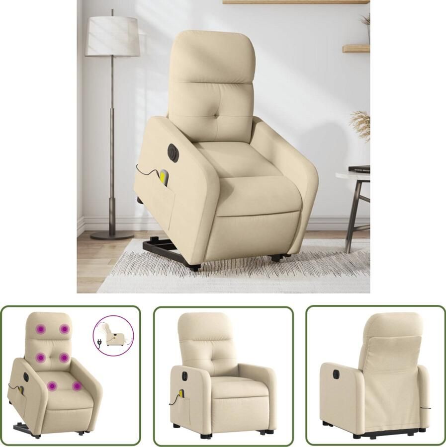 The Living Store Sta-op-massagestoel elektrisch verstelbaar stof crèmekleurig Elektrische Massagestoel Sta-opstoel Massagerugsteun Comfortstoeltje Ergonomische Stoel