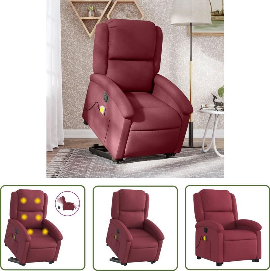 The Living Store Sta-op-massagestoel elektrisch verstelbaar stof wijnrood Elektrische Massagestoel Sta-opstoel Massagerugleuning Ergonomische Stoel Lounge Stoel