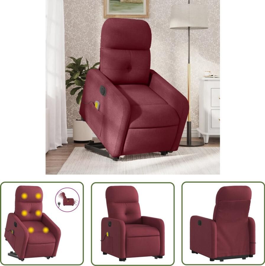 The Living Store Sta-op-massagestoel elektrisch verstelbaar stof wijnrood Elektrische Massagestoel Sta Opstoel Massagerugsteun Ergonomische Stoel Lounge Stoel
