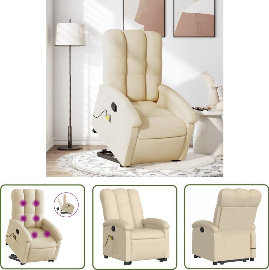 The Living Store Sta-op-massagestoel verstelbaar stof crèmekleurig Stoel Massageren Elektrisch Bedieningsapparaat Ergonomische Stoel Relaxfauteuil Zitten Opstaan