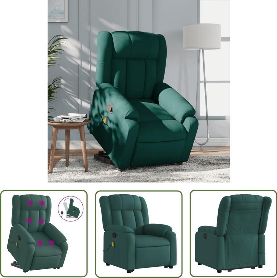 The Living Store Sta-op-massagestoel verstelbaar stof donkergroen Verstelbare Stoel Massagerstoel Sta Op Stoel Elektrisch Bedienbare Stoel Ergonomische Stoel