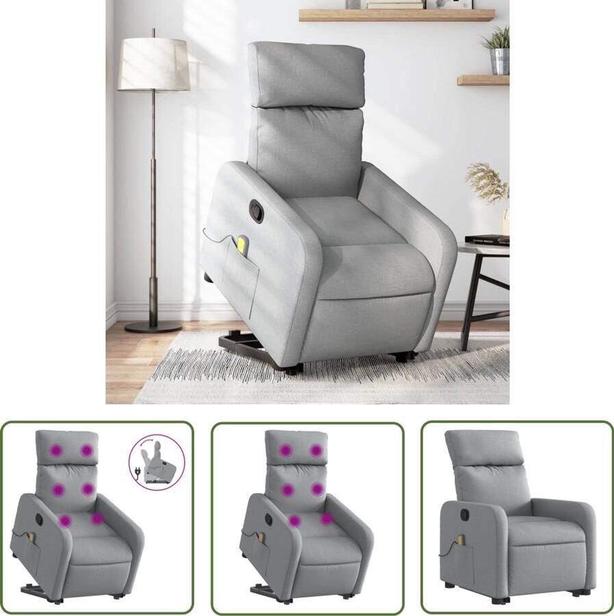 The Living Store Sta-op-massagestoel verstelbaar stof lichtgrijs Sta-op Massagestoel Massagerstoel Elektrisch Verstelbare Stoel Comfortstoeltje Ergonomische Stoel