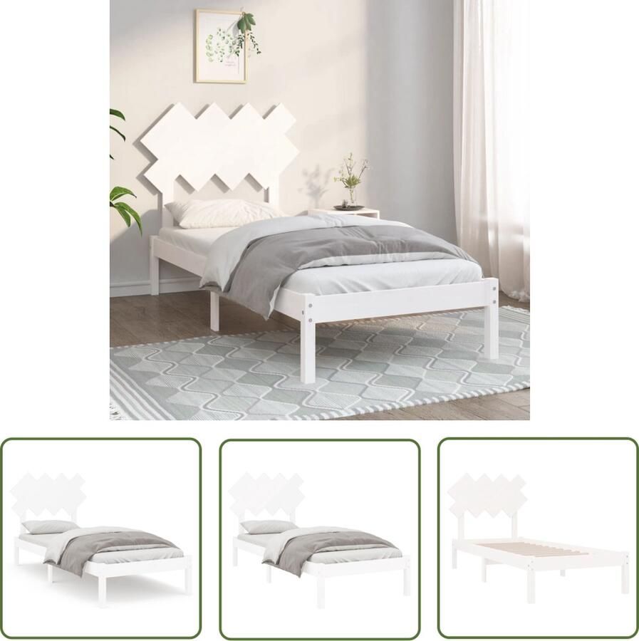 The Living Store Houten Bedframe Massief grenenhout 195.5 x 95.5 x 31 cm Stevige lattenbodem Comfortabel hoofdeinde Houten Bed Frame Massief Grenenhout Enkel Bed Witte Bedbank Modern Bed