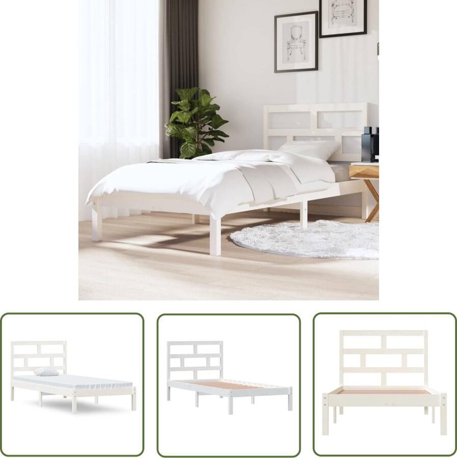 The Living Store Houten Bedframe 195.5 x 96 x 100 cm Massief grenenhout Wit Houten Bedframe Massief Grenenhout Enkel Bed Wit Bedframe 90x190