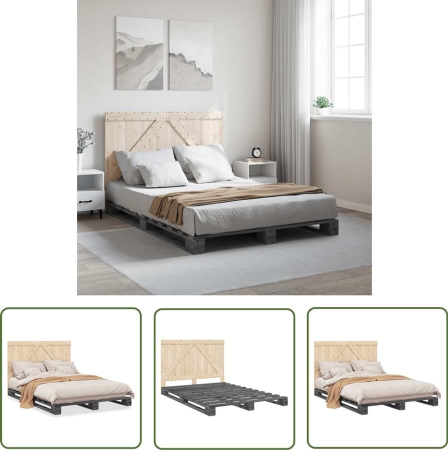 VidaXL Bedframe met hoofdbord massief grenenhout grijs 160x200 cm Bed Frame Massief Hout Bed Grenenhout Bed 160x200 Grijs Bed