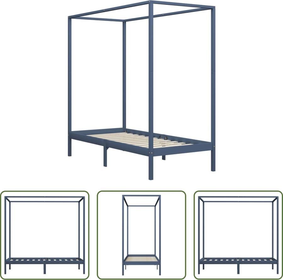 The Living Store Hemelbed grijs massief grenen 100x200cm elegant en stevig Hemelbed Massief Hout Bed Grenenhout Bed Tweepersoons Bed Grijze Bed