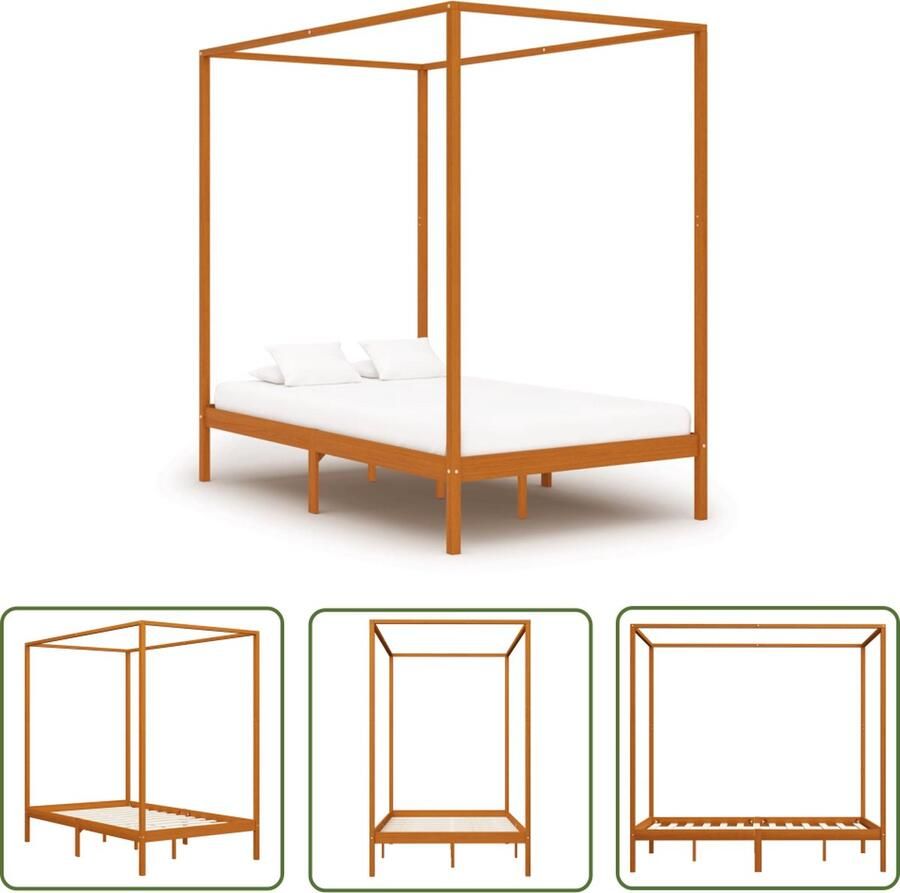 The Living Store Hemelbedframe Massief grenenhout 204x124x200 cm Honingbruin Hemelbed Massief Hout Bed Grenenhouten Bed Bruine Bed Tweepersoons Bed