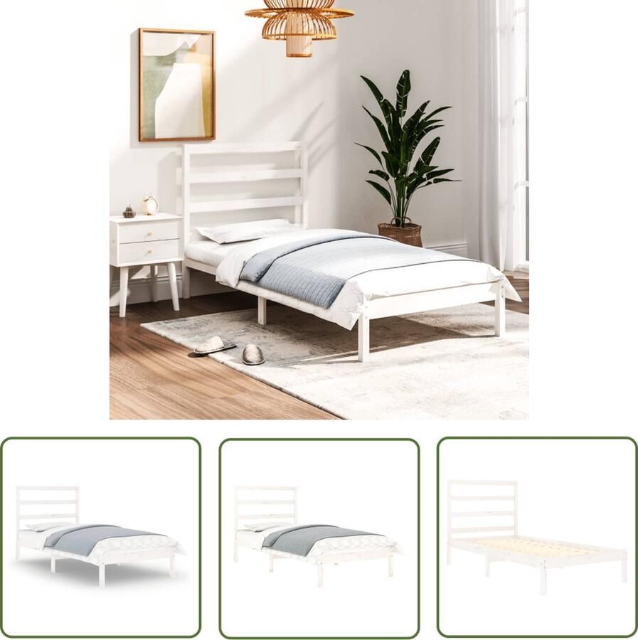 The Living Store Houten bedframe 195.5 x 96 x 100 cm Massief grenenhout Wit Houten Bed Frame Massief Hout Bed Enkel Bed Wit Bed Modern Bed