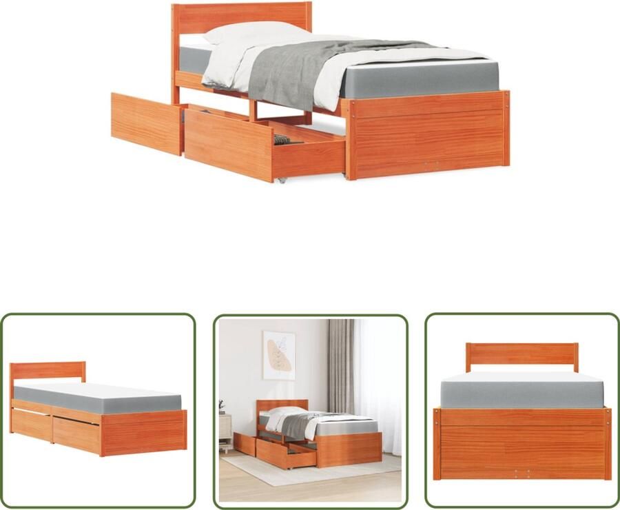 VidaXL Massief Hout Bed Slaapkamers Bed met lades en matras massief grenenhout wasbruin 90x200 cm Houten Bed Frame Grenenhout Bed Tweepersoonsbed