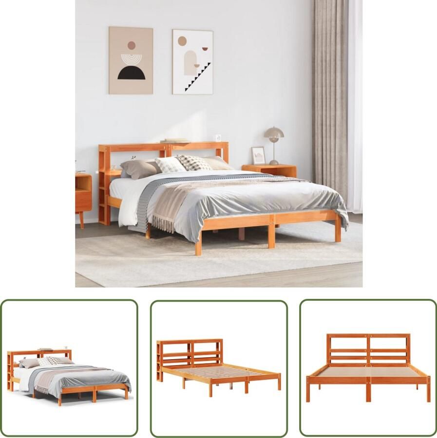 VidaXL Bedframe met hoofdbord grenenhout wasbruin 140x200 cm Bedframe Massief Hout Grenenhout Bedbank Hoofdbord