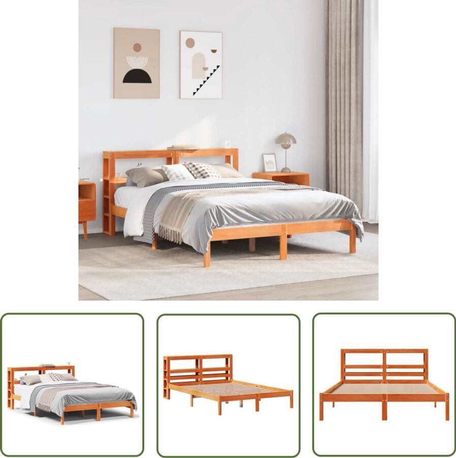 VidaXL Bedframe met hoofdbord massief grenenhout wasbruin 135x190 cm Bedframe Massief Hout Grenen Bed Hoofdbord