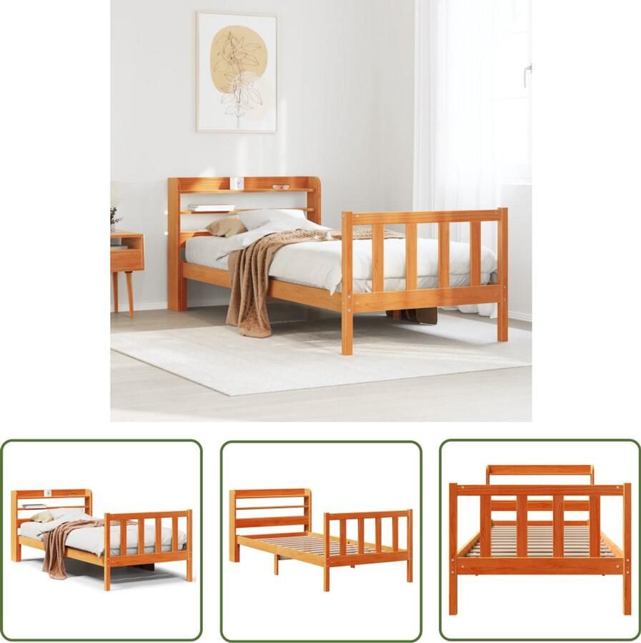 VidaXL Bedframe met hoofdbord massief grenenhout wasbruin 90x200 cm Bedframe Massief Hout Grenenhout Bed Slaapkamer